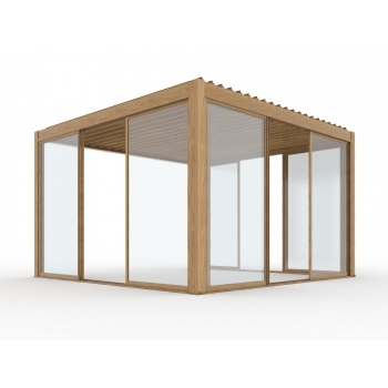 Pergola ogrodowa aluminiowa elektryczna LUXE 4 x 4 m Drewno z oświetleniem LED